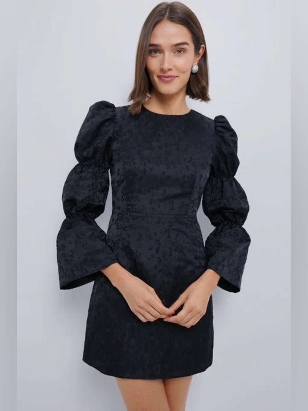 Hyacinth House Black Jacquard Puff Sleeve Mini Dress